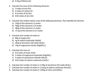 Chemistry Calculating Moles Worksheet