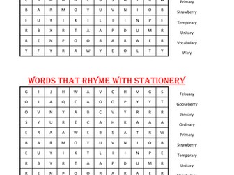 A Word Search of words rhyme with Stationery Practice 2