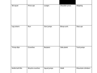Fitness Bingo sheet