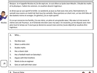 All About Me Reading French