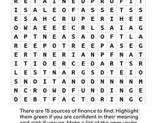 BTEC L3 Business Unit 3 Personal and Business Finance Learning Aim D Sources of Finance Wordsearch