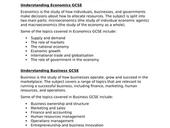 Options Evening Handout: Choosing between studying economics GCSE and Business GCSE