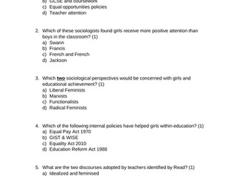 Gender & Education End of Topic Quiz AQA Sociology