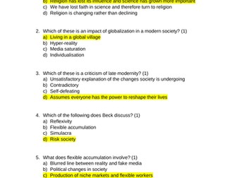 Postmodernity and Modernity End of Topic Quiz AQA Sociology