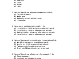 Theory and Methods End of Topic Quiz AQA Sociology