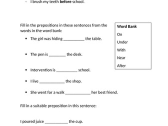 Prepositions Worksheet