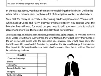 A Monster Calls - The Third Tale, creative writing/cover worksheet