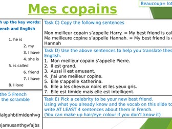 Mes copains- KS3 French cover lesson