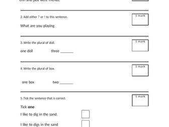 Year 1 English Grammar and Punctuation Test