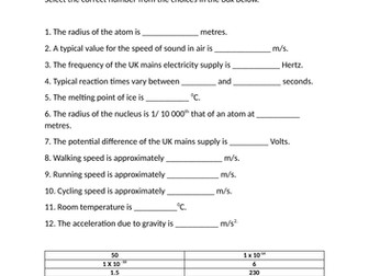 GCSE Physics and Combined Science (Physics) Retrieval Quiz- Number Facts