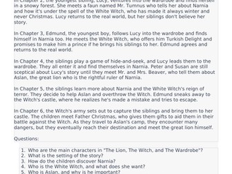 The Lion, The Witch and The Wardrobe Comprehension Chapters 1-6