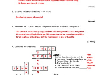 KS3 RE Christian Creation Homework worksheet