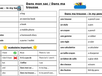 KS3 French - My bag / pencil case: Dans mon sac / Dans ma trousse