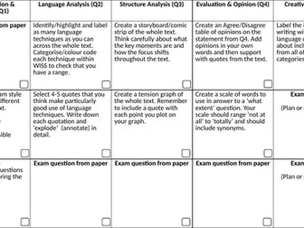 AQA Language Paper 1 Generic Activity Grid