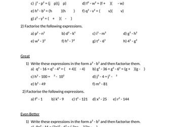 Scaffolded Difference of Squares Factorising Worksheet
