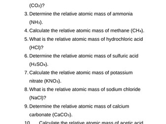 Relative atomic Mass Calculations worksheet