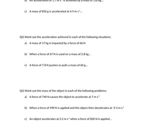 Worksheets for F=ma calculations