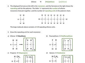 Addition and Condensation Polymerisation Worksheets with Answers