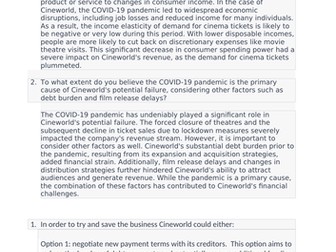 Business Failure and Cineworld data response