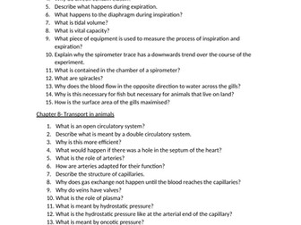 OCR A level biology exchange and transport recall questions