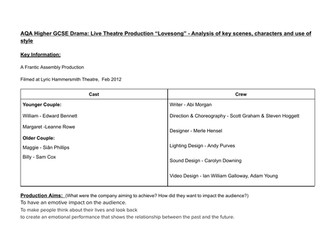 AQA Higher GCSE Drama Section C: Live Theatre Production “Lovesong”