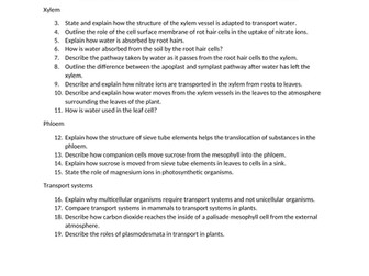 Chapters 7 (Transport in Plants) CIE Past Paper Questions