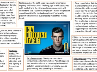Annotations for the Lucozade advertisement for the OCR Media Studies exam