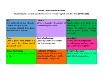 Homework Grid - Home Learning Activities