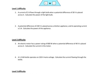 GCSE Physics Power (P=VI) Questions and Answers