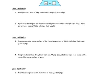 GCSE Physics Weight (W=mg) Questions and Answers