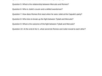 Romeo and Juliet Ten Question Plot and Character Knowlegde Quiz - Act One