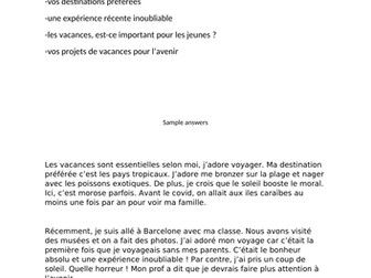 Model writing answer- holidays (French)