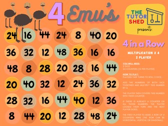 The Tutor Shed Presents - 4 Emus 4 in a Row - 4 Times Tables Board Game