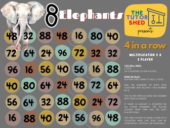 The Tutor Shed Presents - 8 Elephants 4 in a Row - 8 Times Tables Board Game