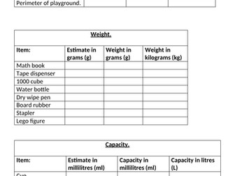 Year 5 Measure practical activities work sheet and extension