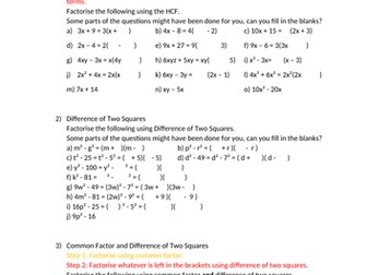 Common Factor and Difference of 2 Squares Scaffolded Worksheet