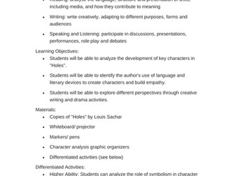 Holes - Character Traits Lesson Plan
