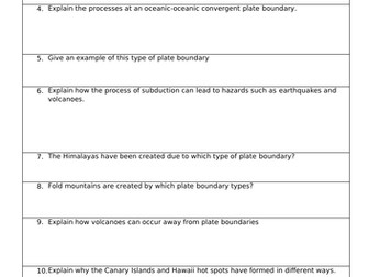 Knowledge retrieval quizzes/ activities x9 and ANSWERS Tectonics Edexcel A level Starter activities