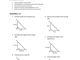 PYTHAGORAS - Finding the length of the hypotenuse - SET 2