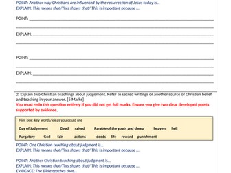 GCSE Christianity beliefs assessment feedback worksheet
