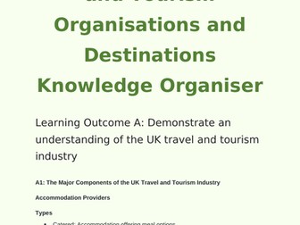 BTEC Tech 2022 Travel and Tourism Component 1 Learning Outcome A Knowledge Organiser