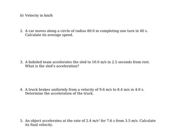 Velocity and Acceleration Worksheet