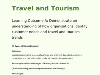 BTEC Tech 2022 Travel and Tourism Component 2 Learning Outcome A Knowledge Organiser