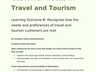 BTEC Tech 2022 Travel and Tourism Component 2 Learning Outcome B Knowledge Organiser