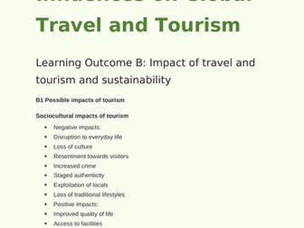 BTEC Tech 2022 Travel and Tourism Component 3 Learning Outcome B