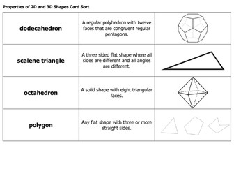Properties of 2D and 3D Shapes Card Sort