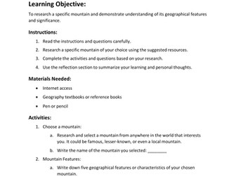 Geography Worksheet - Research a Mountain