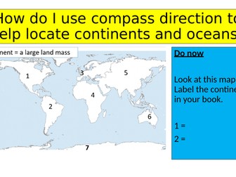 How do I use compass direction to help locate continents and oceans?