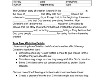 Beliefs about Creation - 6 written tasks