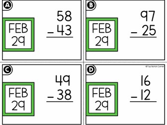 Leap Day Year 2024 2 Digit Subtraction without Regrouping Task Cards